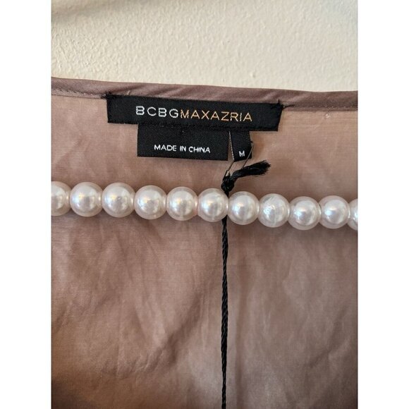 NWT BCBG Maxazria Size M Silk Blend Taupe Tunic Blouse Embroidered Front - Picture 4 of 5